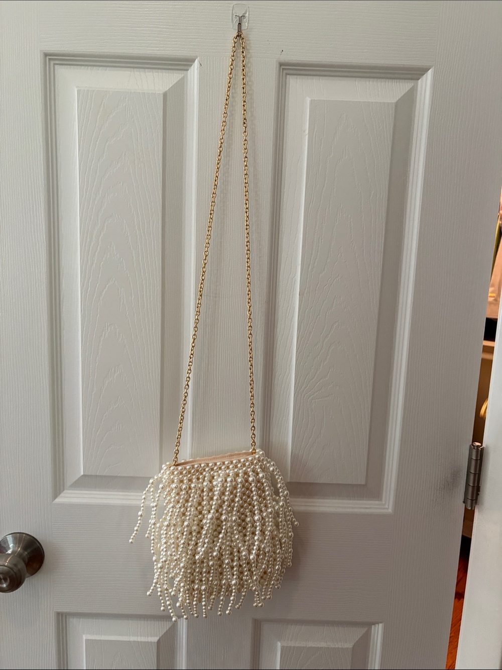 Lele Sadoughi White Pearl Fringe Mini Crossbody with Gold Chain